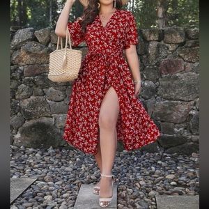 Plus ditsy floral print wrap hem dress